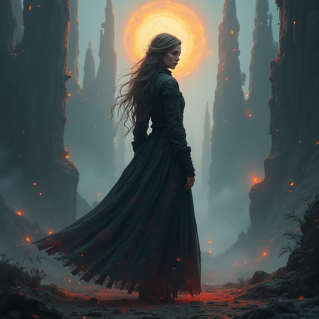 Mystical Woman in Detailed Coat, Fantasy Concept Art