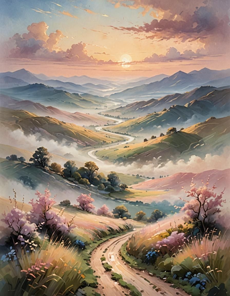Sunlit Path Through Misty Valley Landscape