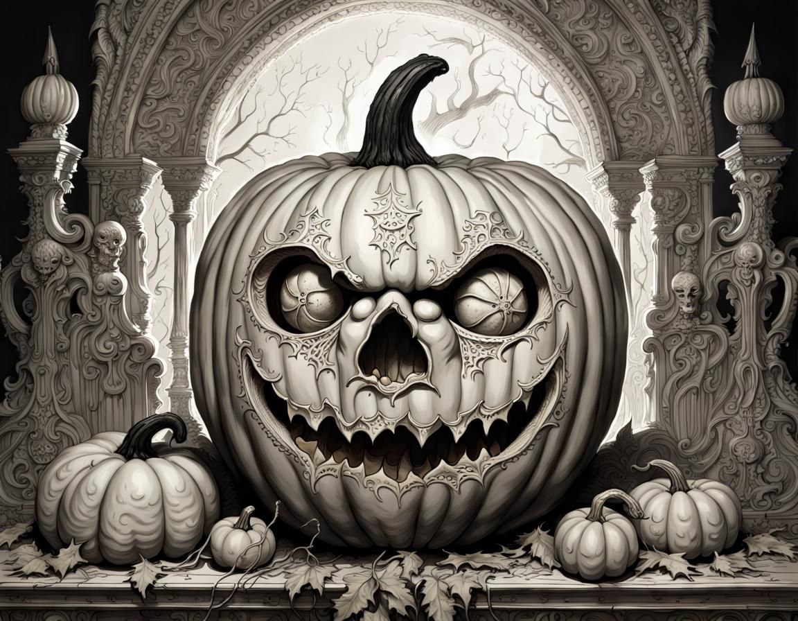 Creepy Gothic Pumpkin Carving in Horror Illustration Style