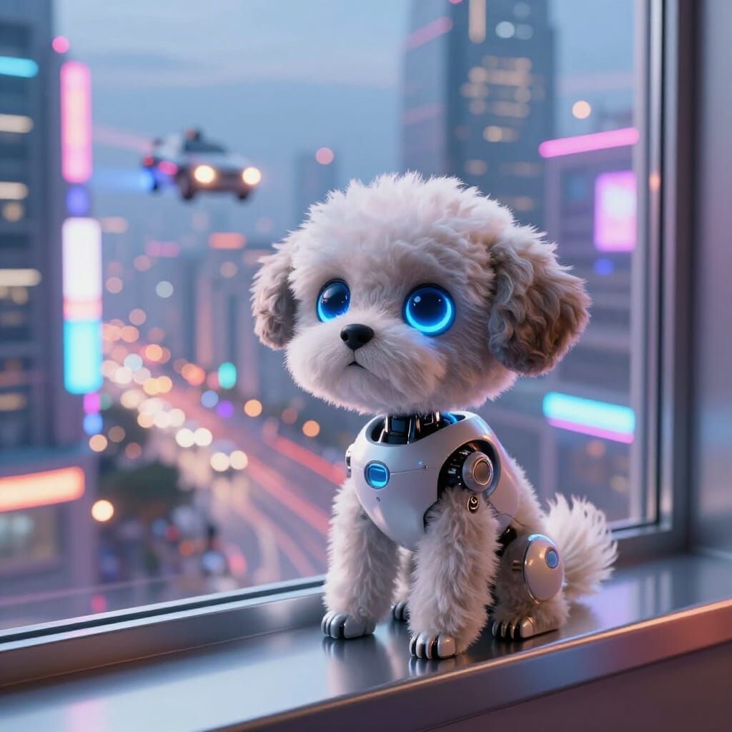 Fluffy Robot Dog Gazes at Neon Futuristic Cityscape