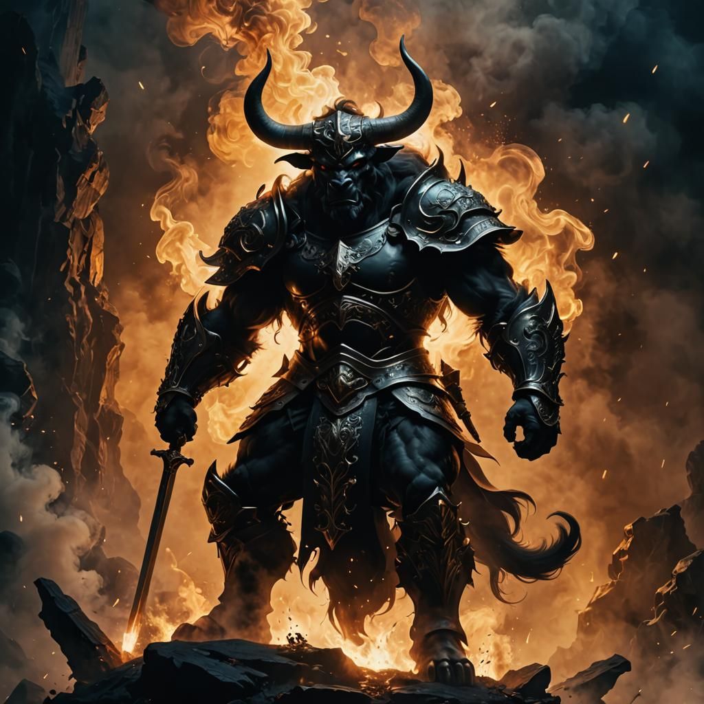 Minotaur Knight Silhouette in Smoke Painting Style