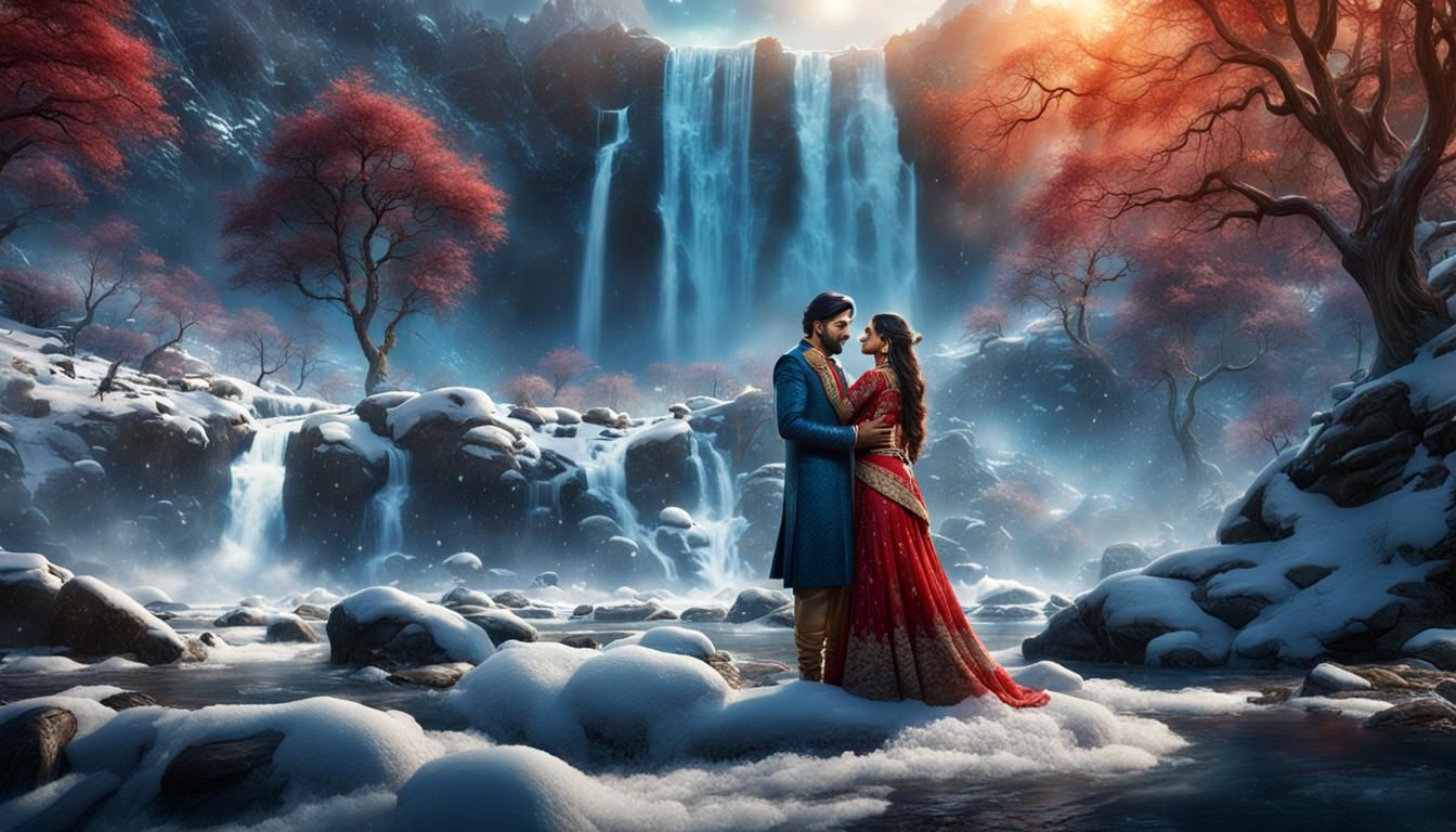 Romantic Bollywood Couple in Winter Valley, Detailed Matte P...
