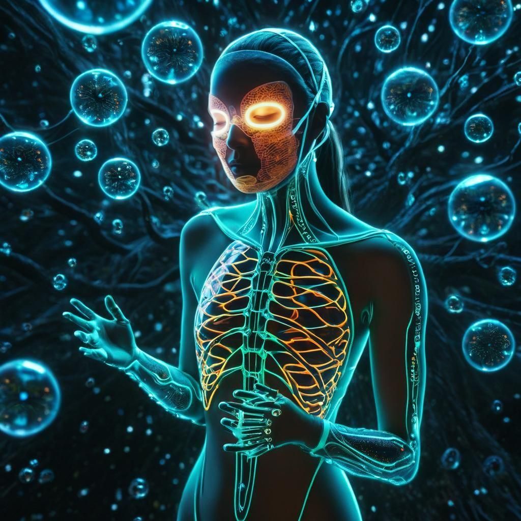 Bioluminescent Woman in Transparent Mask
