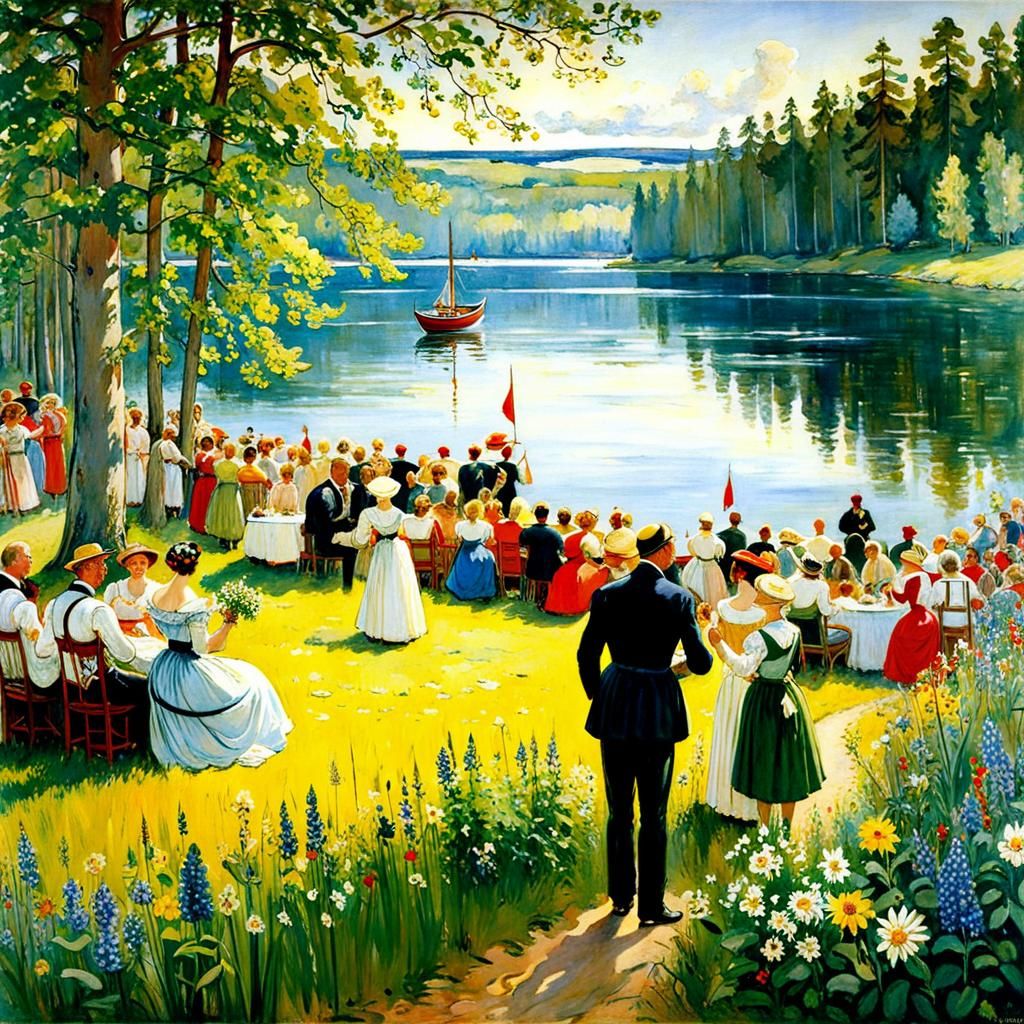 A midsummer celebration by the lake by Carl Larsson