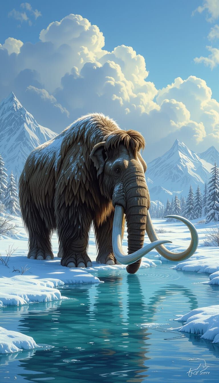 Woolly Mammoth Drinks from Frozen River in Fantasy Scene