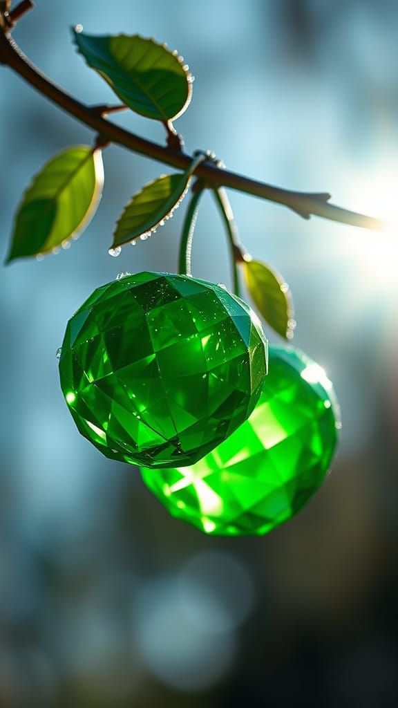Ethereal Crystal Apples Dangle in Emerald Light