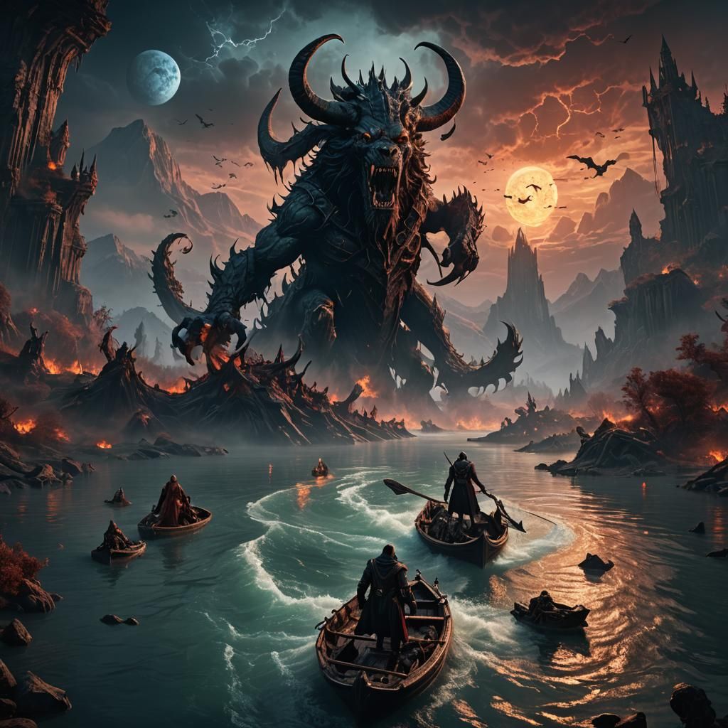 Charon Ferrying Cerberus: Detailed Matte Painting