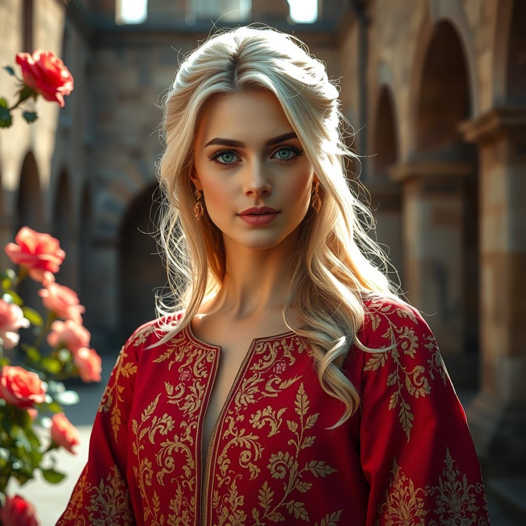 Elegant Woman in Ornate Crimson Gown