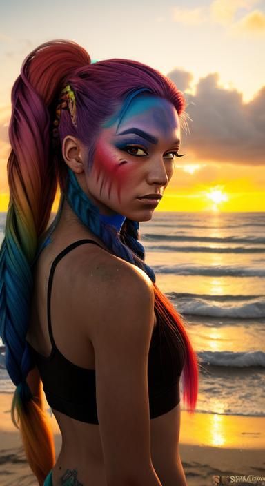 Girl with Rainbow Hair at Sunset in Graffiti Art