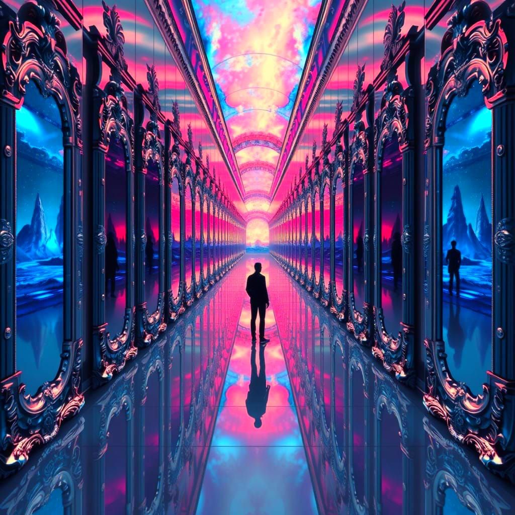 Endless Mirrored Dimension in Surreal, Shifting Perspectives