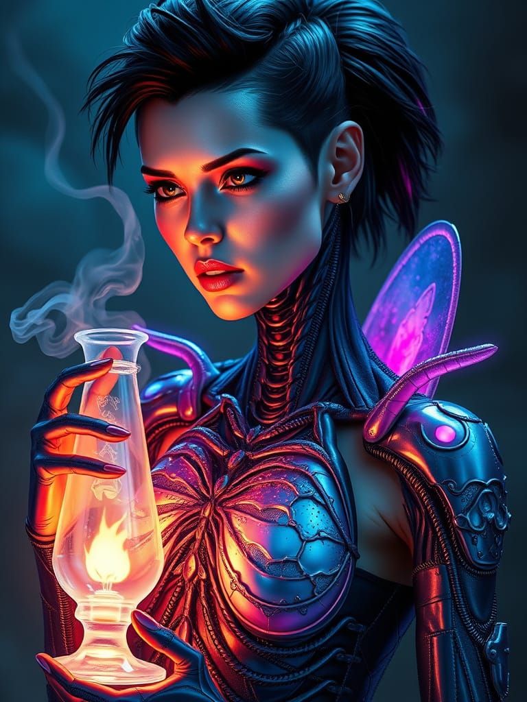 Ethereal Sorceress with Xenomorph Features and Magic Flacon