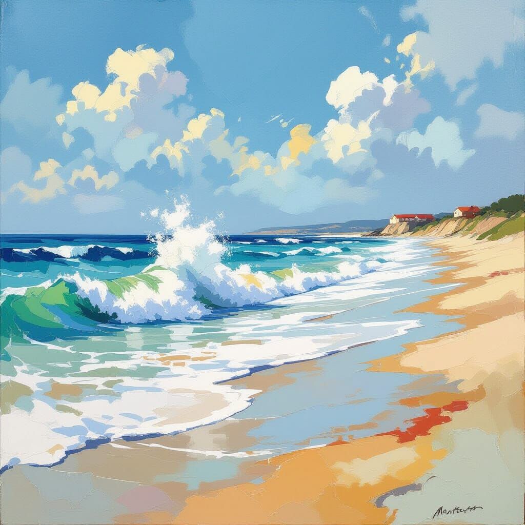 Crashing Waves on Beach in Gouache Impressionist Style