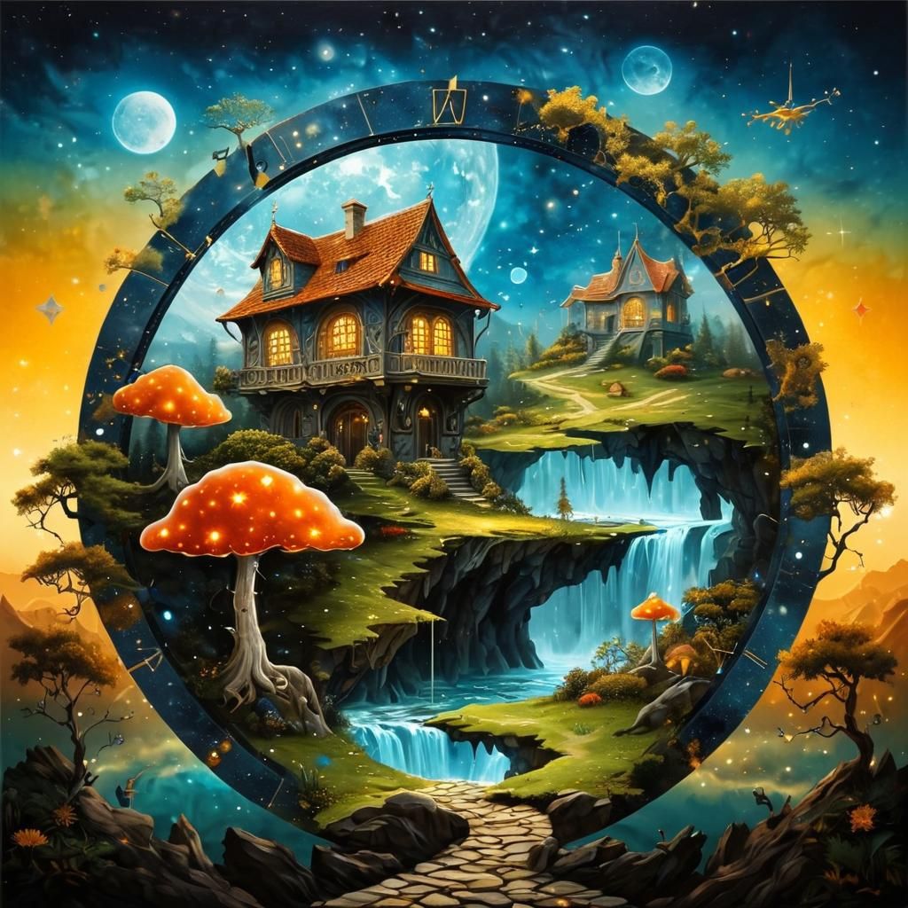 Glowing Constellation Mushroom Village in Fantasy Art Style