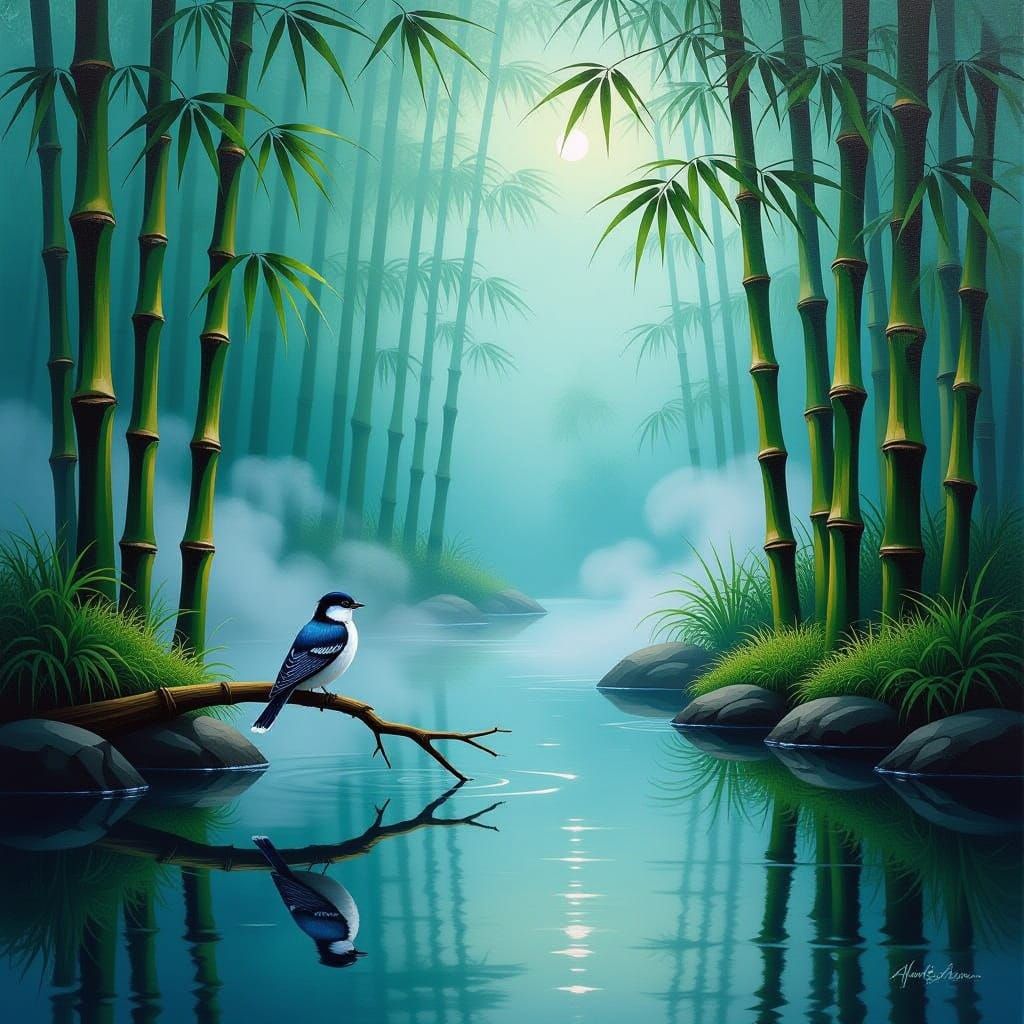 Tranquil Bird in Bamboo Forest, Romantic Painting