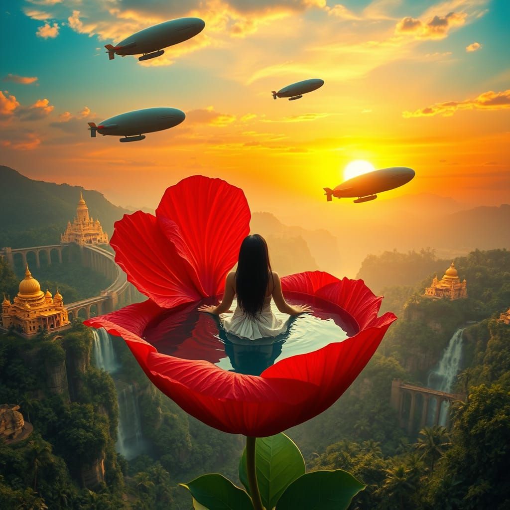 Woman Bathes in Giant Hibiscus Overlooking Golden Palaces