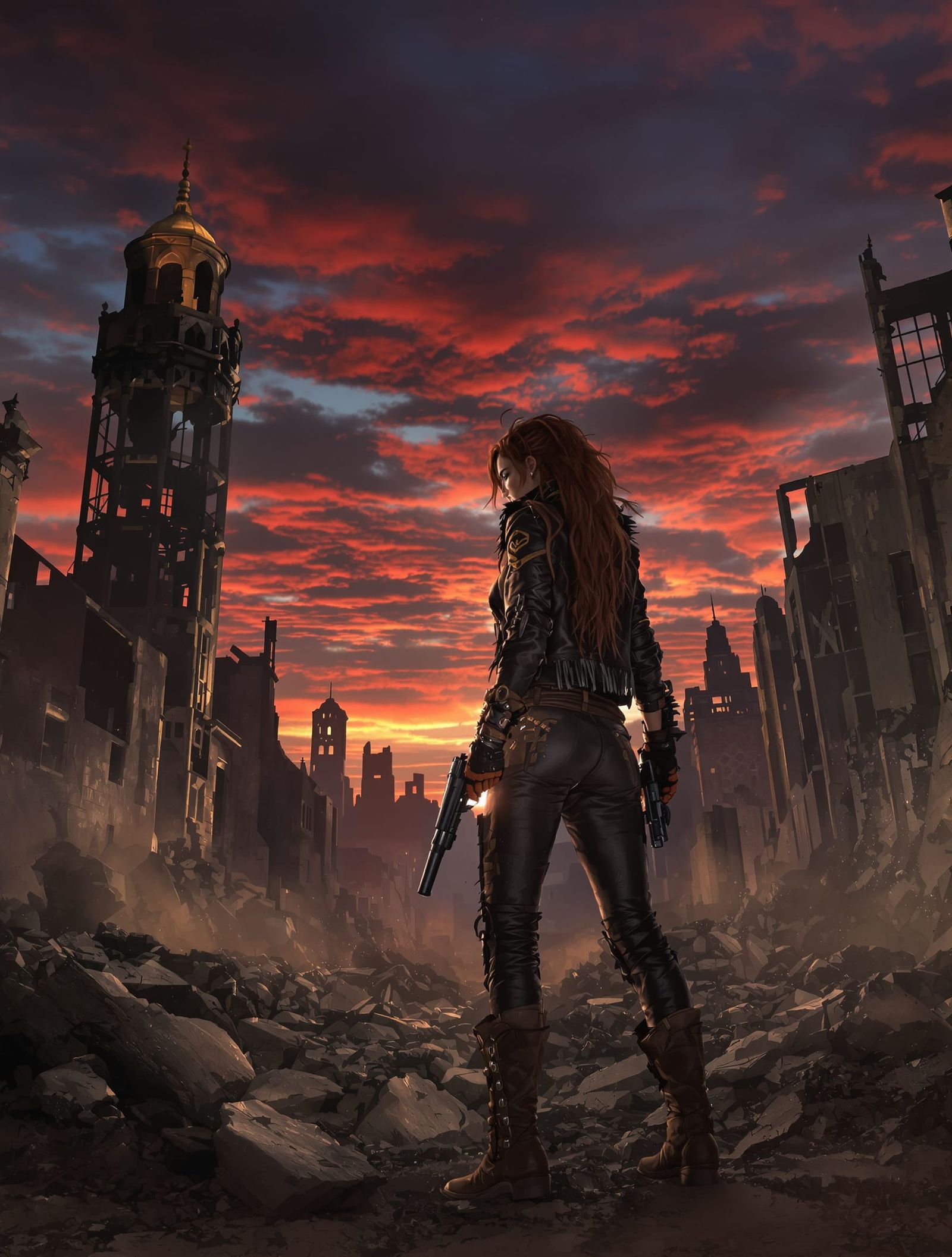 Lone Biker Woman in Ruined City