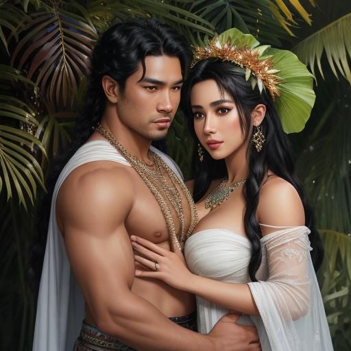 Samoan Couple Embrace in Ethereal Tropical Setting