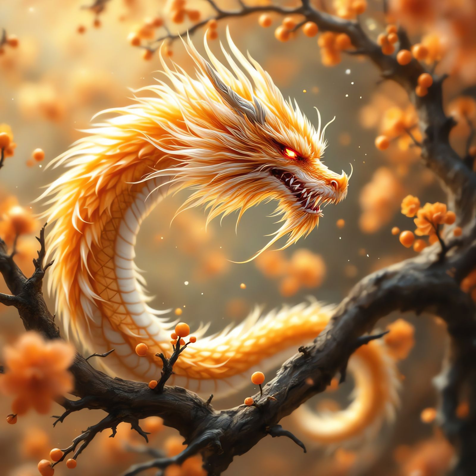 Mythical Dragon Intertwined with Blossoming Branches