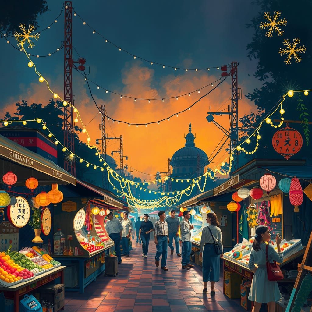 Vibrant Night Market Scene with Fairy Lights