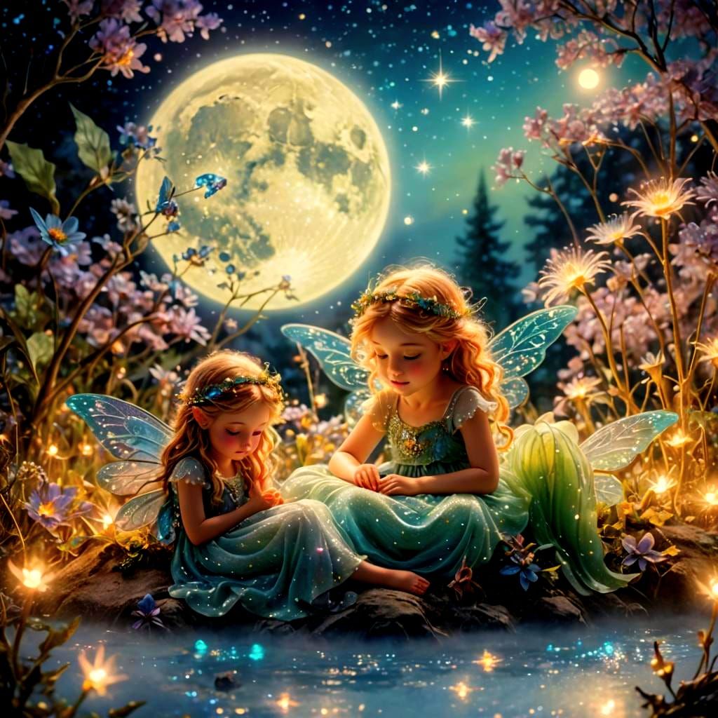 Fairies Sleeping on a Bioluminescent Moon in Galaxy