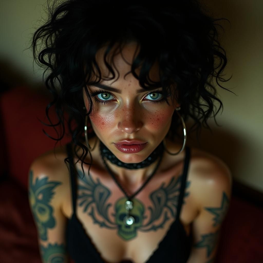 Punk Woman with Emerald Eyes and Tattoos