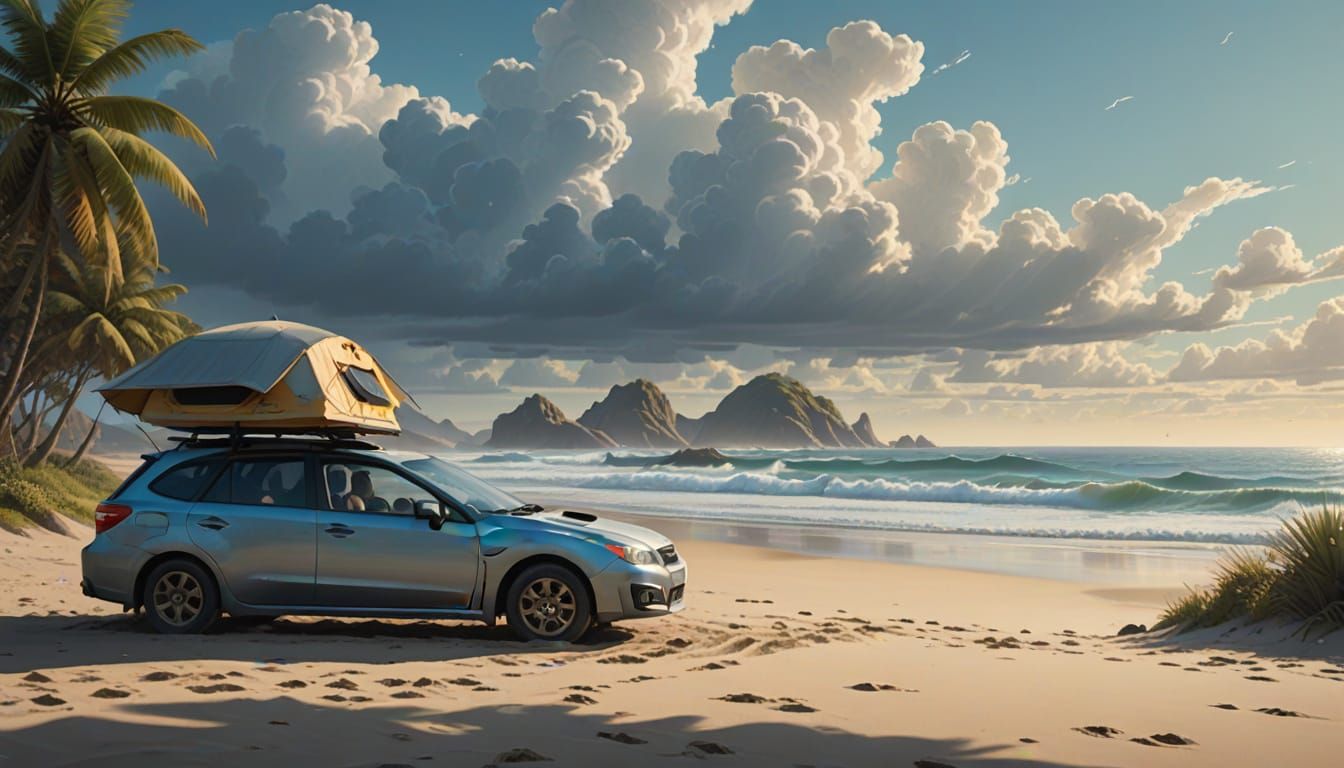 Sleek Subaru on a Serene Beach in Vibrant Sunset Light