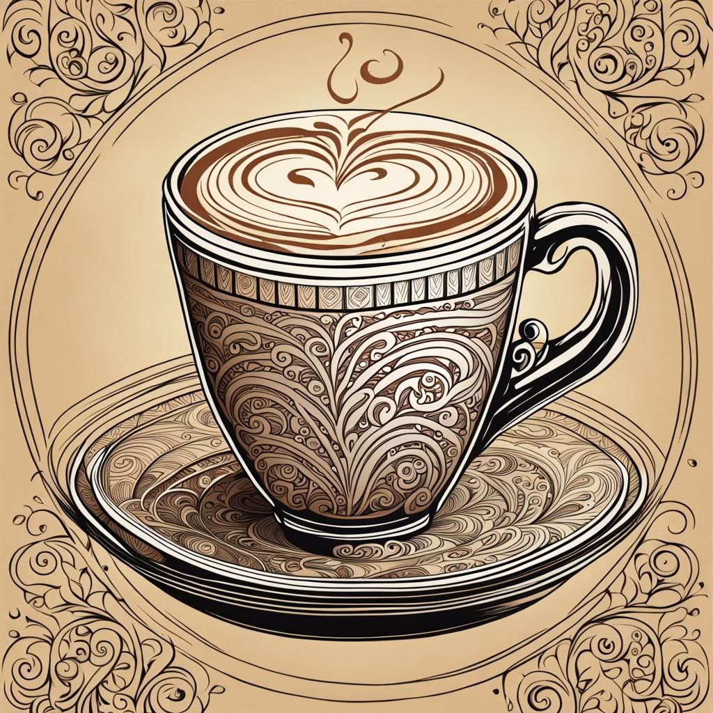 Filigree Coffee Latte with Heart Line Drawing