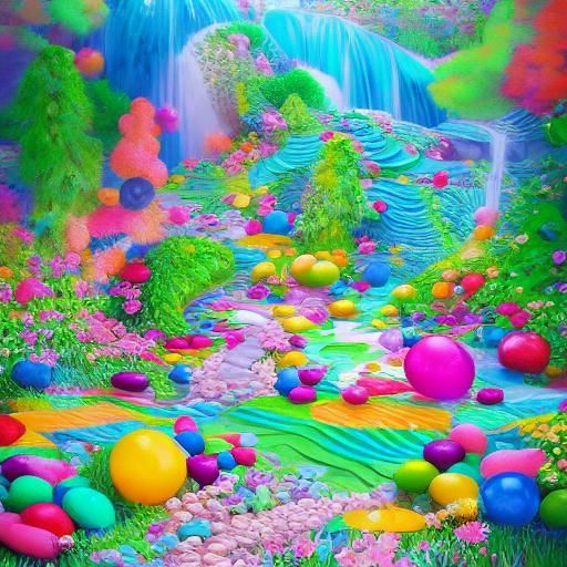 Candy Art Waterfall with Rabbits, Flowers, and Butterflies