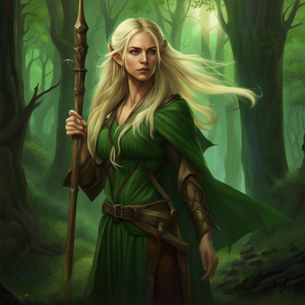 Elven Sorceress Examines Quarterstaff in Forest