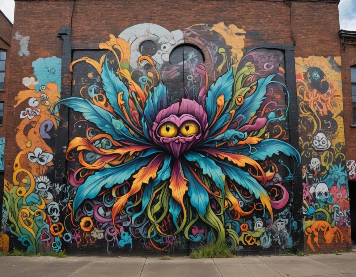 Vibrant Urban Street Art Mural in Mixed Media Style