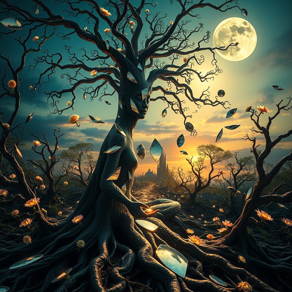 Surreal Woman Emerges from a Tree Portal in a Dreamlike Land...