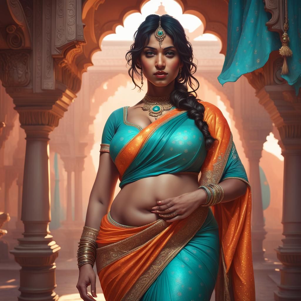 Curvaceous Indian Woman in Saree, Hyperdetailed Art