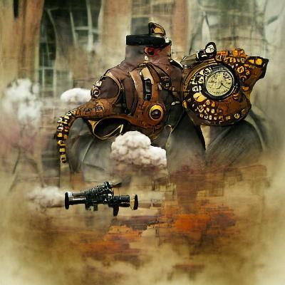 Steampunk Soldier in War-Torn Landscape