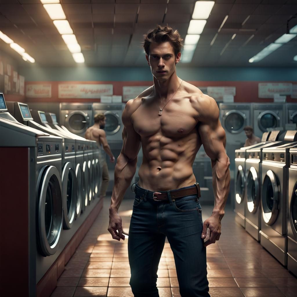 Shirtless Man in Laundromat: Dark Fantasy Concept Art