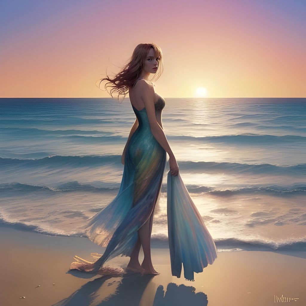 Golden Rainbow Sunset Over Beach With Double Exposure Silhou...