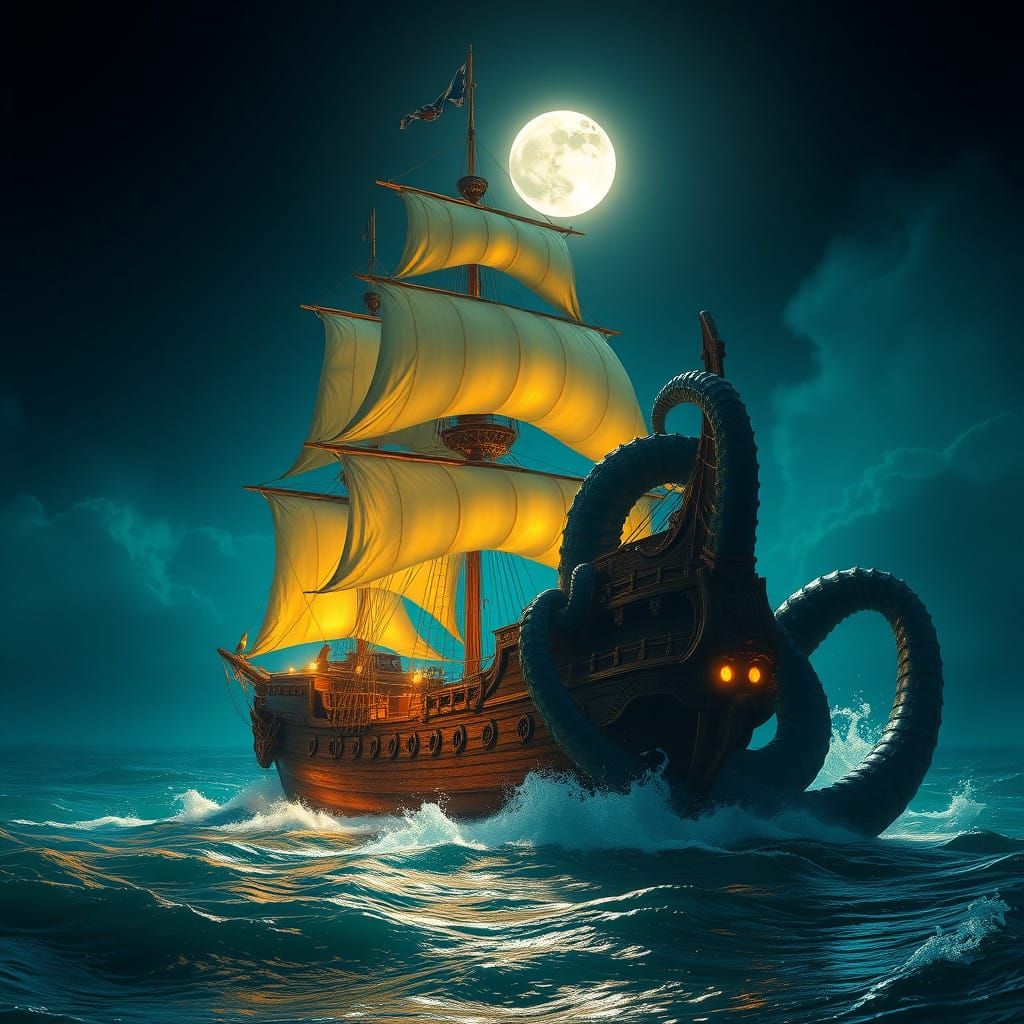 Golden Pirate Ship Battles Kraken in Midnight Turquoise Ocea...