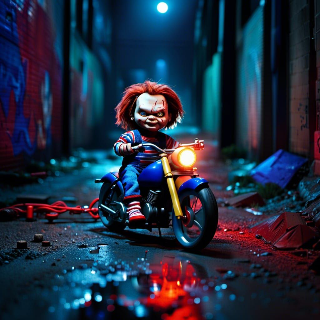 Chucky on a Toy Motorcycle in Neon Alley