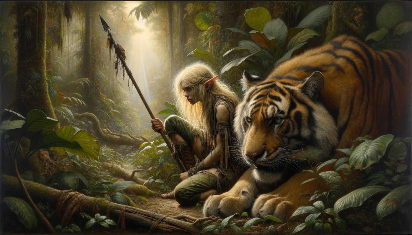 Tenebrist Jungle Scene with Elf and Tiger