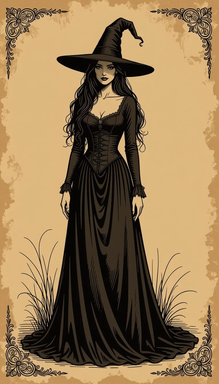 Witch in Sepia Sketch Style of Albrecht Dürer