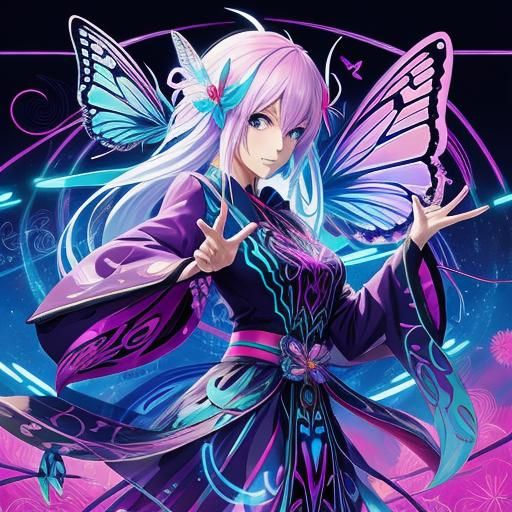 Hypnotic Neon Butterfly in Anime Style