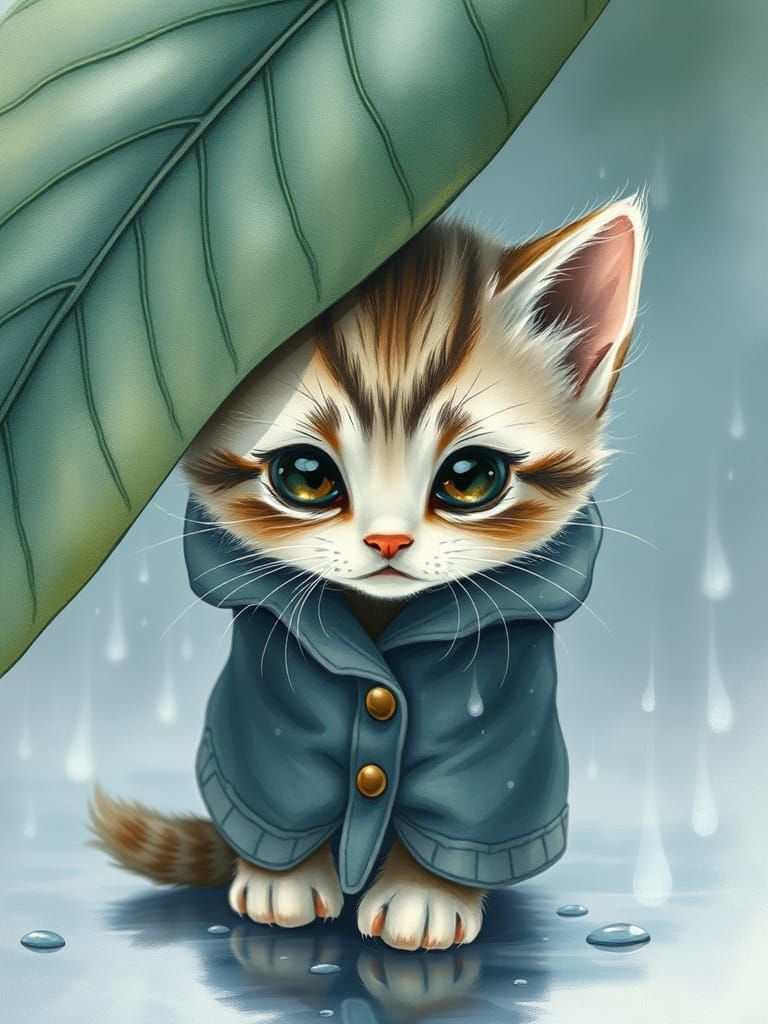 Crying Kitten Sheltered from Rain, Watercolor Art