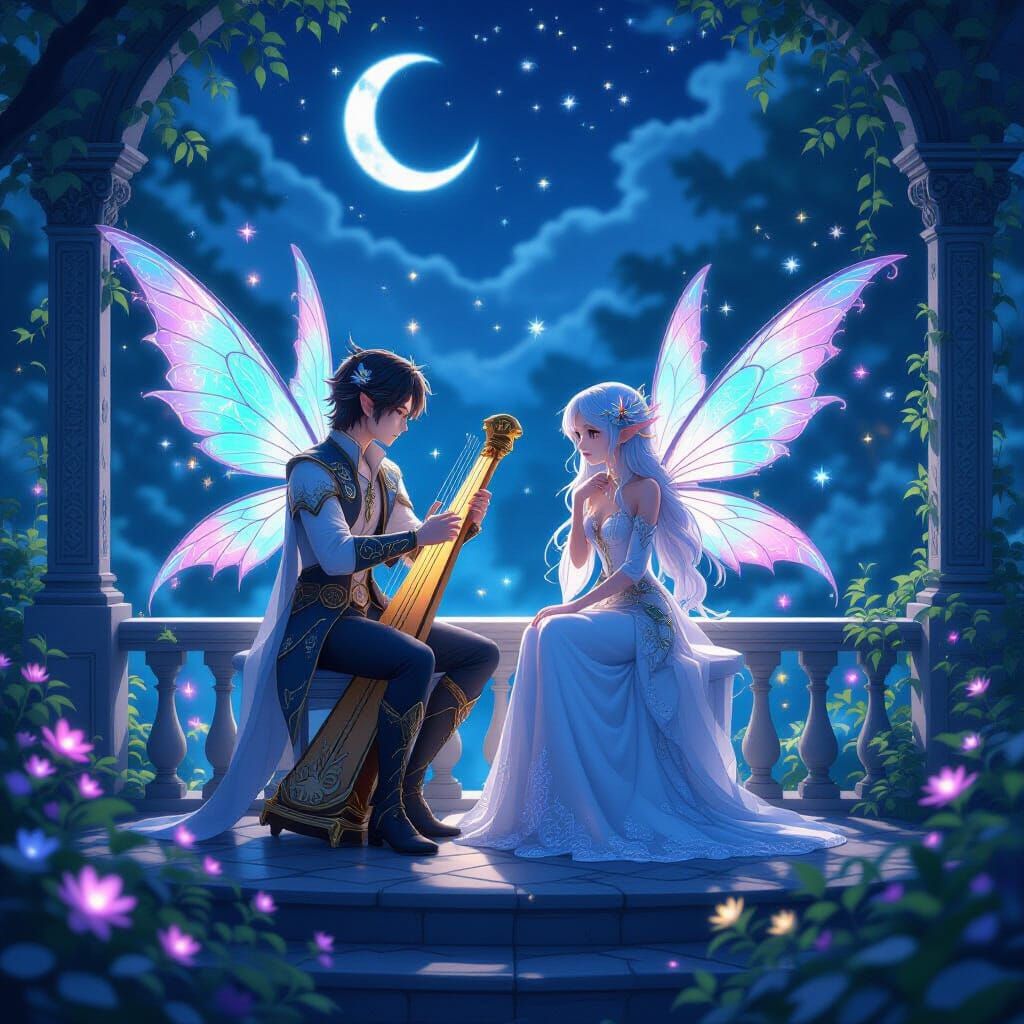 Fairy Couple on Crystal Balcony in Moonlight