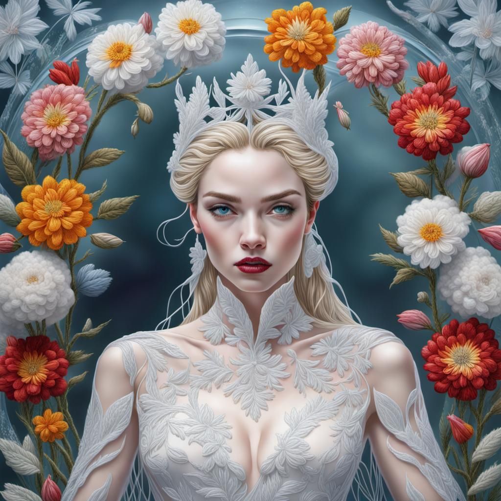 Snow Queen Sculpture with April Flower Embroidery