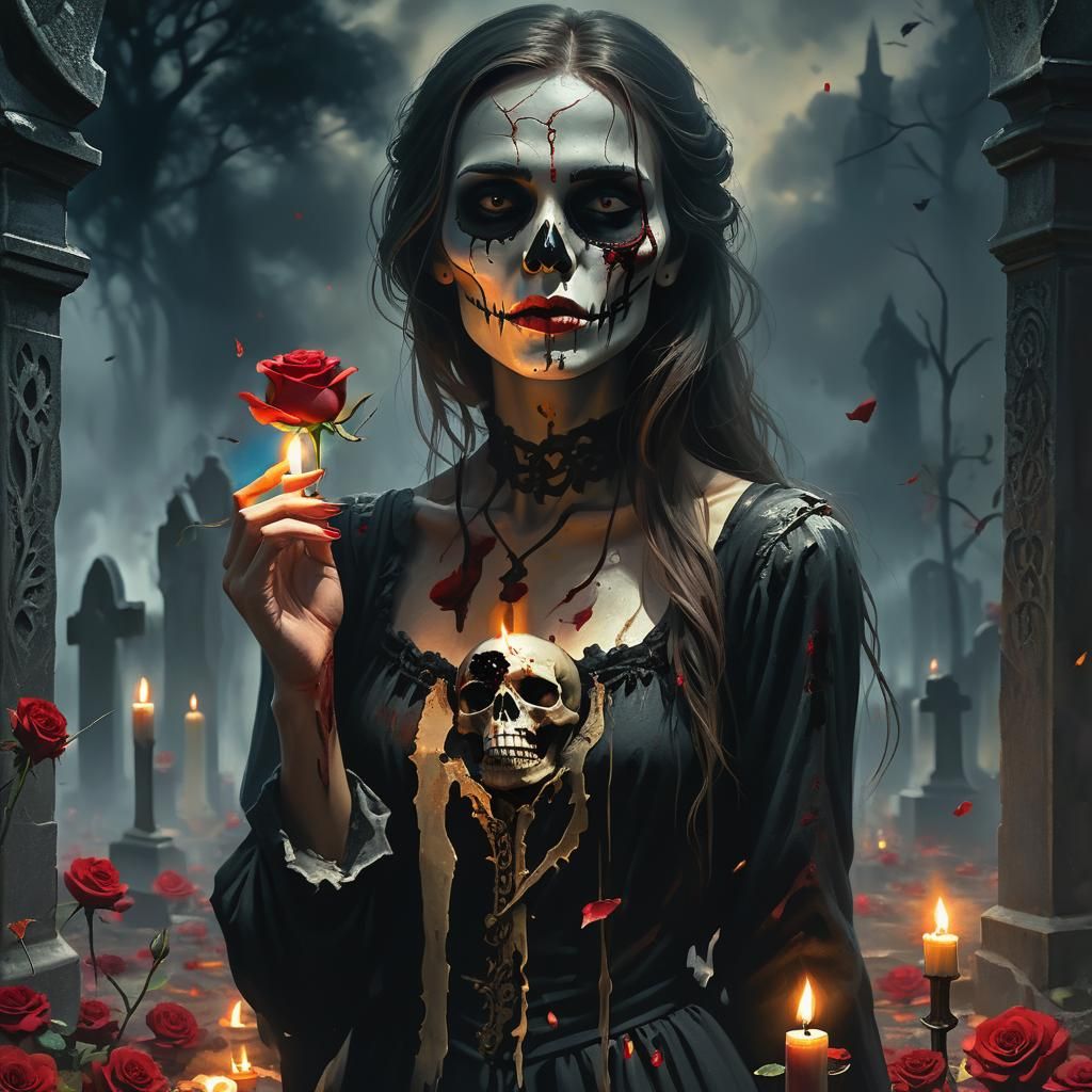 Dark Fantasy Woman with Split Face in Cemetery