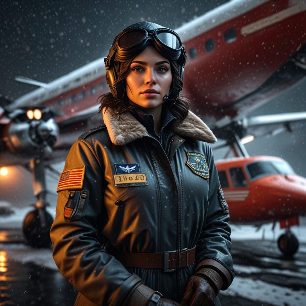 Brunette Pilot in Snowstorm: Moody, Detailed 8K