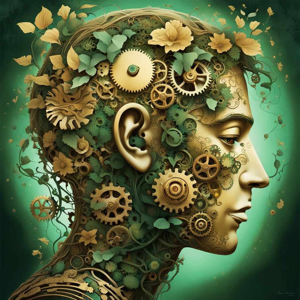 Surreal Portrait of Human Head with Clockwork and Vines