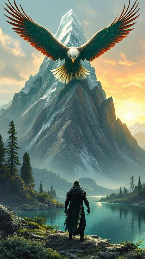 Eagle and Warrior in Futuristic Mountain Landscape