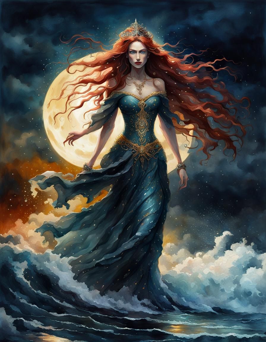 Sea Queen in Stormy Ocean Watercolor Painting
