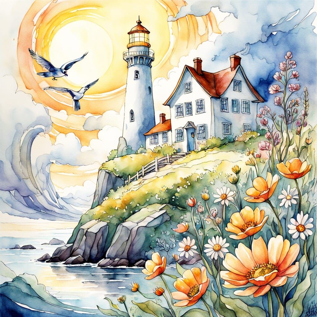 Whimsical Lighthouse World with Vibrant Flowers in Watercolo...