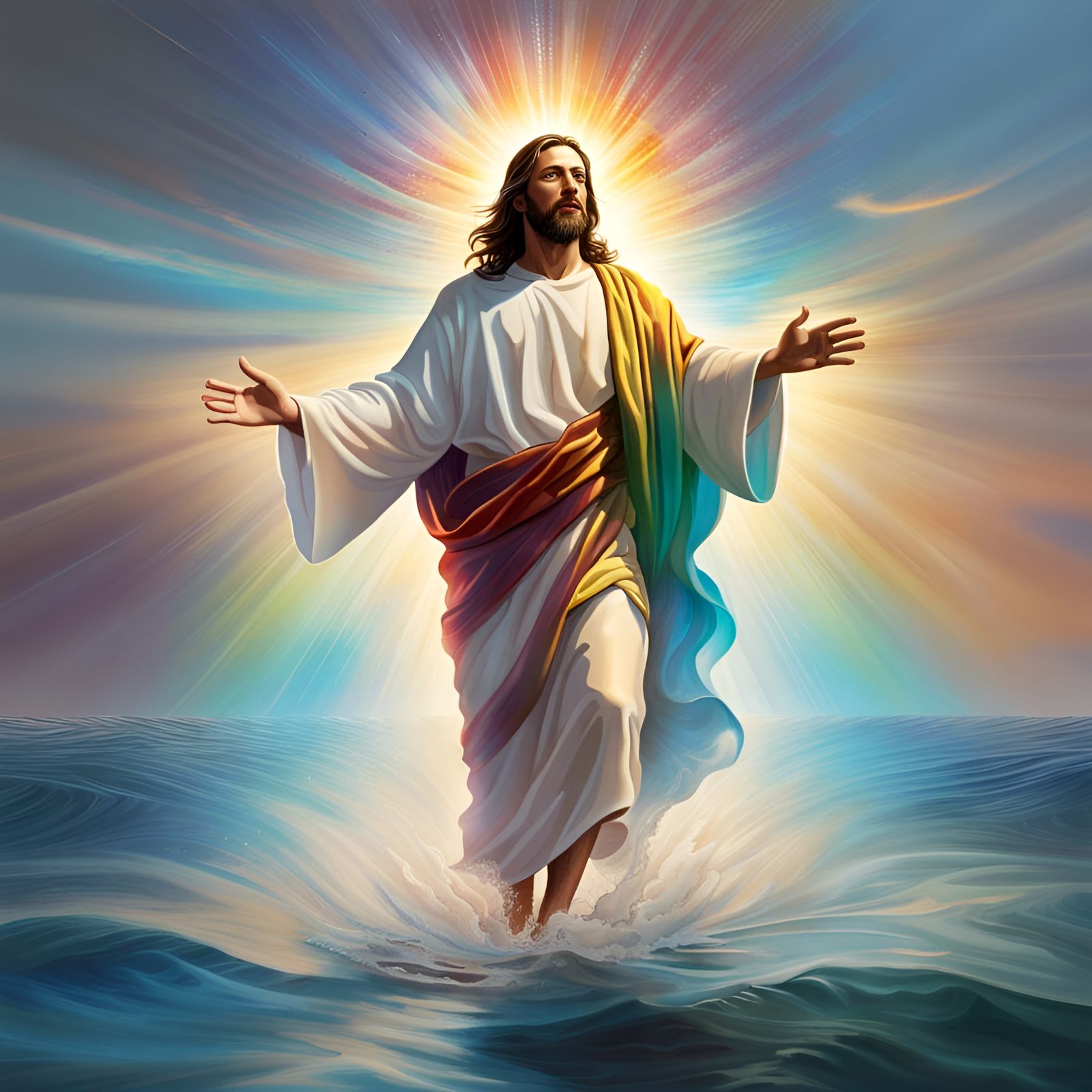 Luminous Jesus Walks on Water: Hyperrealistic Splash Art